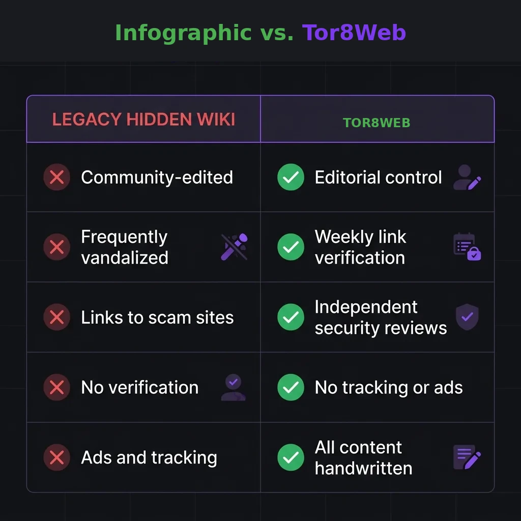 Tor8Web vs Legacy Hidden Wiki comparison - editorial control, verified links, no ads, weekly updates